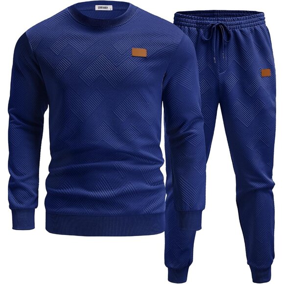 Men's 2 Piece Sweat suit Jogging Suit Set Long Sleeve Jacquard Shirt Navy Blue - Picture 2 of 6